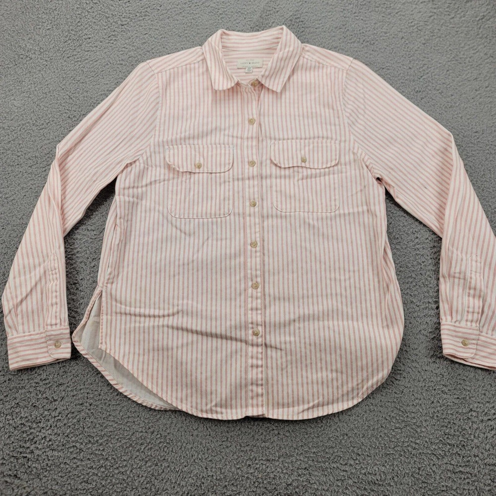 Lucky Brand Shirt Womens Small Pink Striped Button Up Long Sleeve Classic